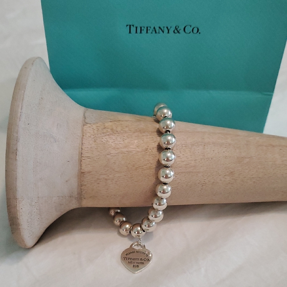Tiffany & Co. Silver Bead Bracelet with Engraved Heart Charm